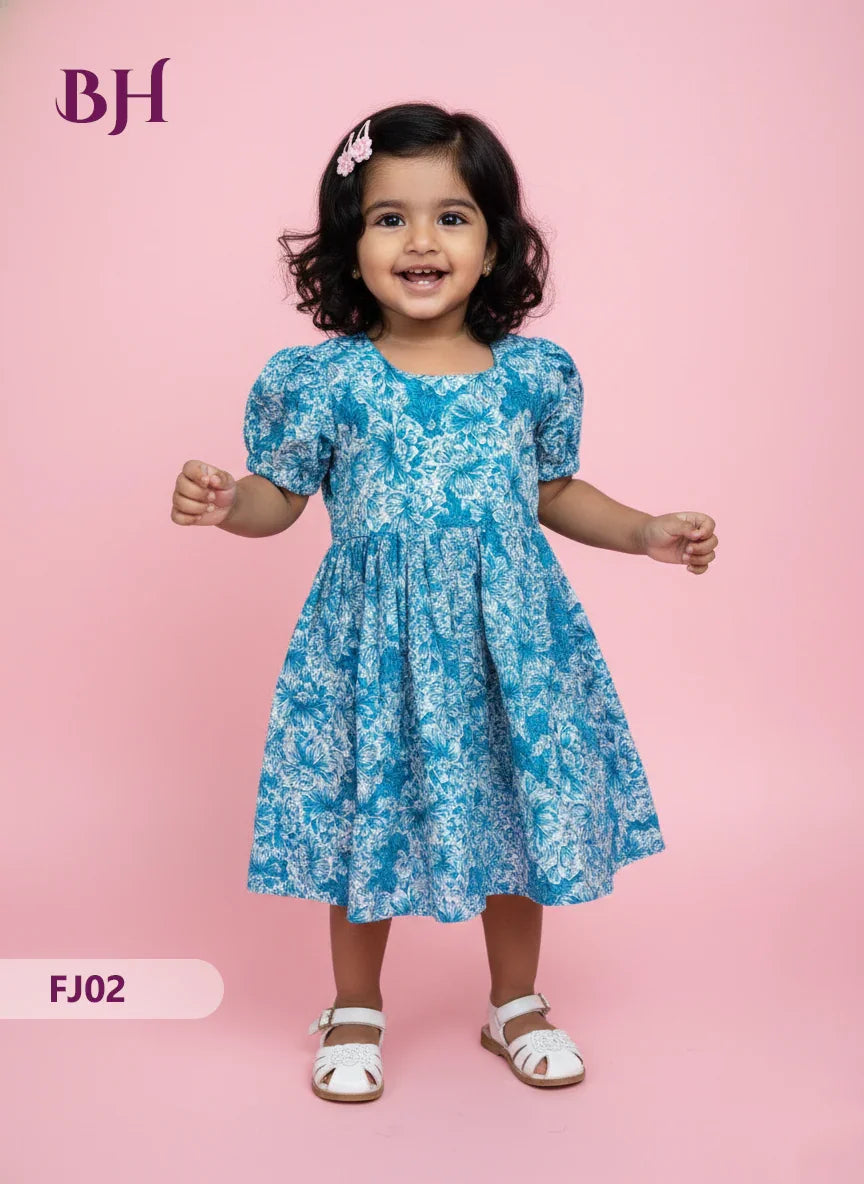 Sky Blue Cotton Printed Baby Frocks – Latest Kids Wear Collection | Bhavana Handlooms