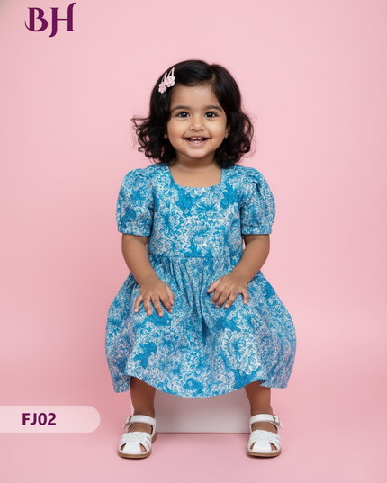 Sky Blue Cotton Printed Baby Frocks – Latest Kids Wear Collection | Bhavana Handlooms
