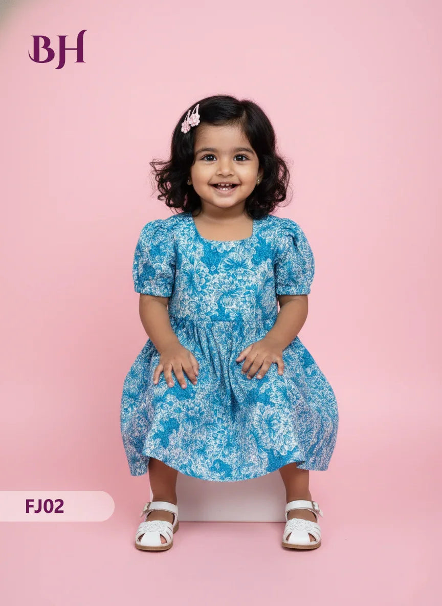 Sky Blue Cotton Printed Baby Frocks – Latest Kids Wear Collection | Bhavana Handlooms