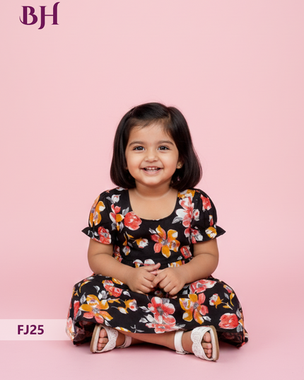 Black Color Cotton Printed Baby Frocks – Latest Kids Wear Collection | Bhavana Handlooms