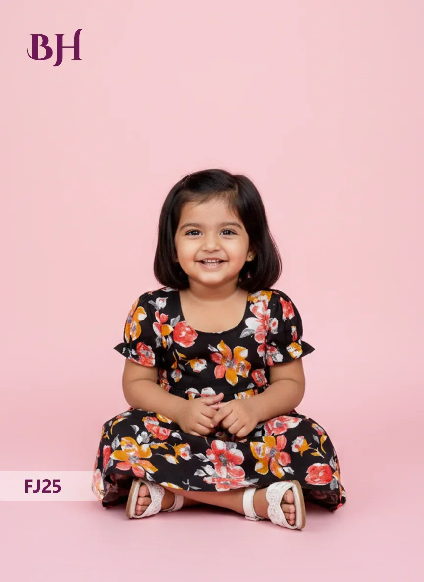 Black Color Cotton Printed Baby Frocks – Latest Kids Wear Collection | Bhavana Handlooms