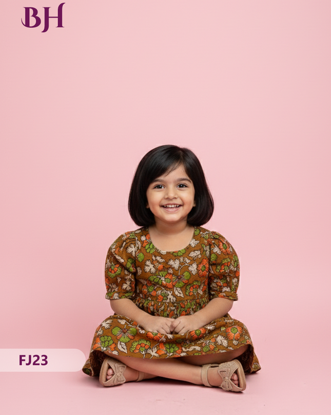 Brown Cotton Printed Baby Frocks – Latest Kids Wear Collection | Bhavana Handlooms