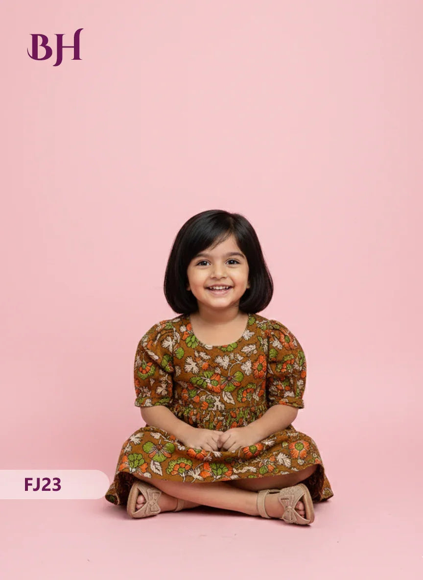 Brown Cotton Printed Baby Frocks – Latest Kids Wear Collection | Bhavana Handlooms