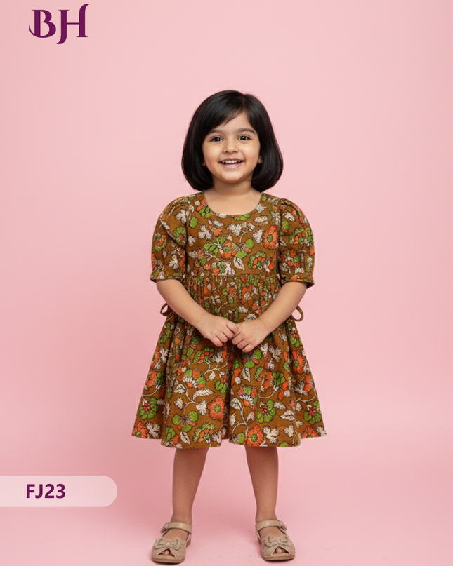 Brown Cotton Printed Baby Frocks – Latest Kids Wear Collection | Bhavana Handlooms