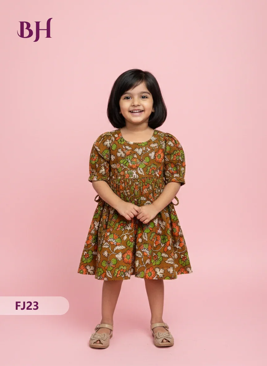Brown Cotton Printed Baby Frocks – Latest Kids Wear Collection | Bhavana Handlooms
