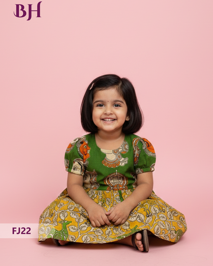 Green Cotton Printed Baby Frocks – Latest Kids Wear Collection | Bhavana Handlooms