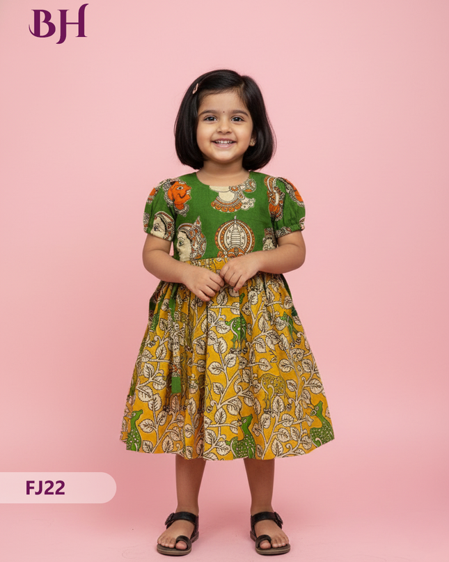 Green Cotton Printed Baby Frocks – Latest Kids Wear Collection | Bhavana Handlooms