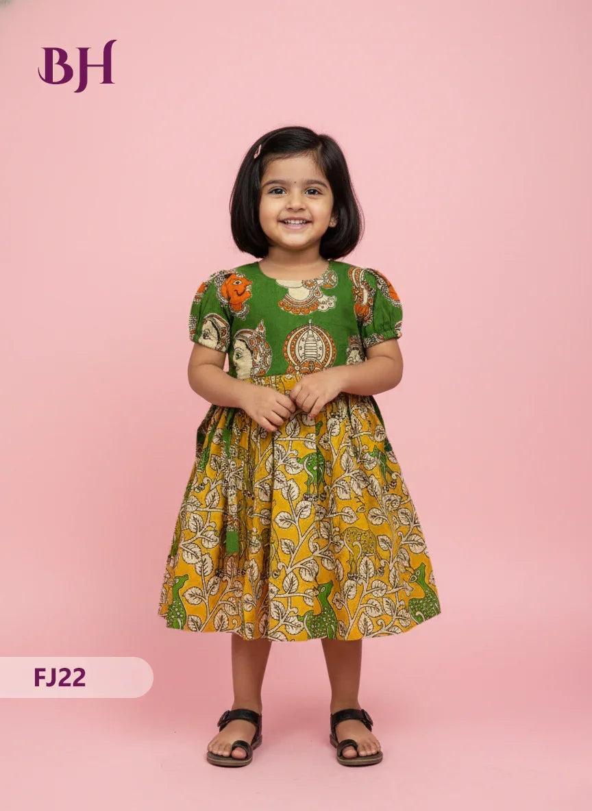 Green Cotton Printed Baby Frocks – Latest Kids Wear Collection | Bhavana Handlooms
