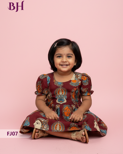 Maroon Cotton Printed Baby Frocks – Latest Kids Wear Collection | Bhavana Handlooms