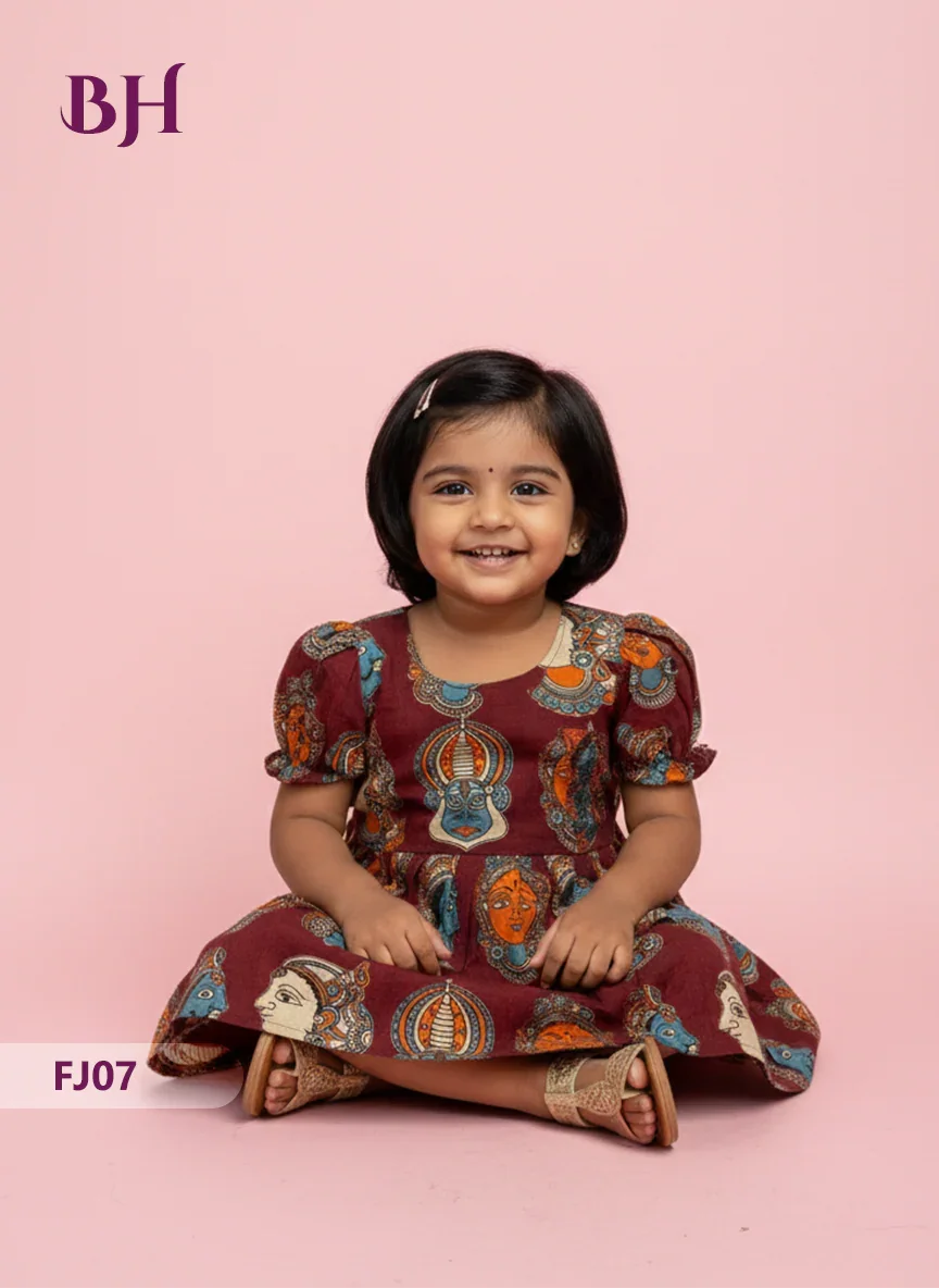 Maroon Cotton Printed Baby Frocks – Latest Kids Wear Collection | Bhavana Handlooms