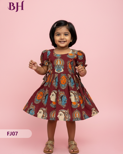 Maroon Cotton Printed Baby Frocks – Latest Kids Wear Collection | Bhavana Handlooms