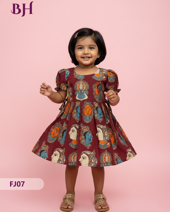 Maroon Cotton Printed Baby Frocks – Latest Kids Wear Collection | Bhavana Handlooms