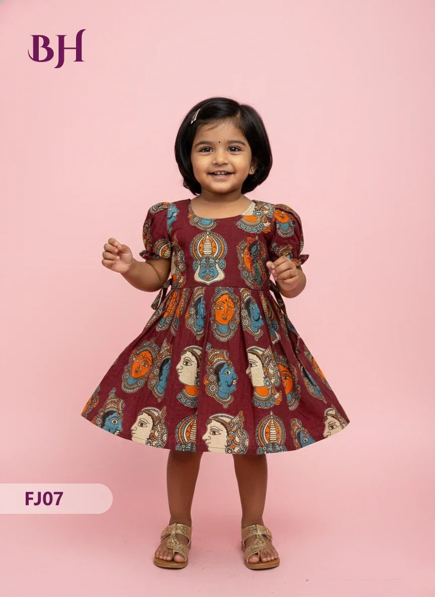Maroon Cotton Printed Baby Frocks – Latest Kids Wear Collection | Bhavana Handlooms