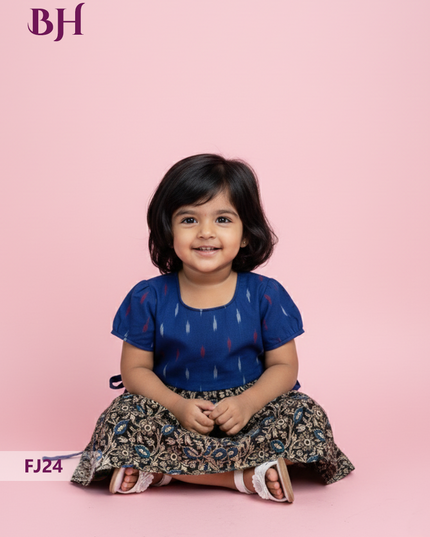 Blue & Black Cotton Printed Baby Frocks – Latest Kids Wear Collection | Bhavana Handlooms