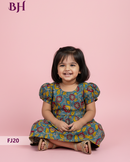 Sea Blue Cotton Printed Baby Frocks – Latest Kids Wear Collection | Bhavana Handlooms