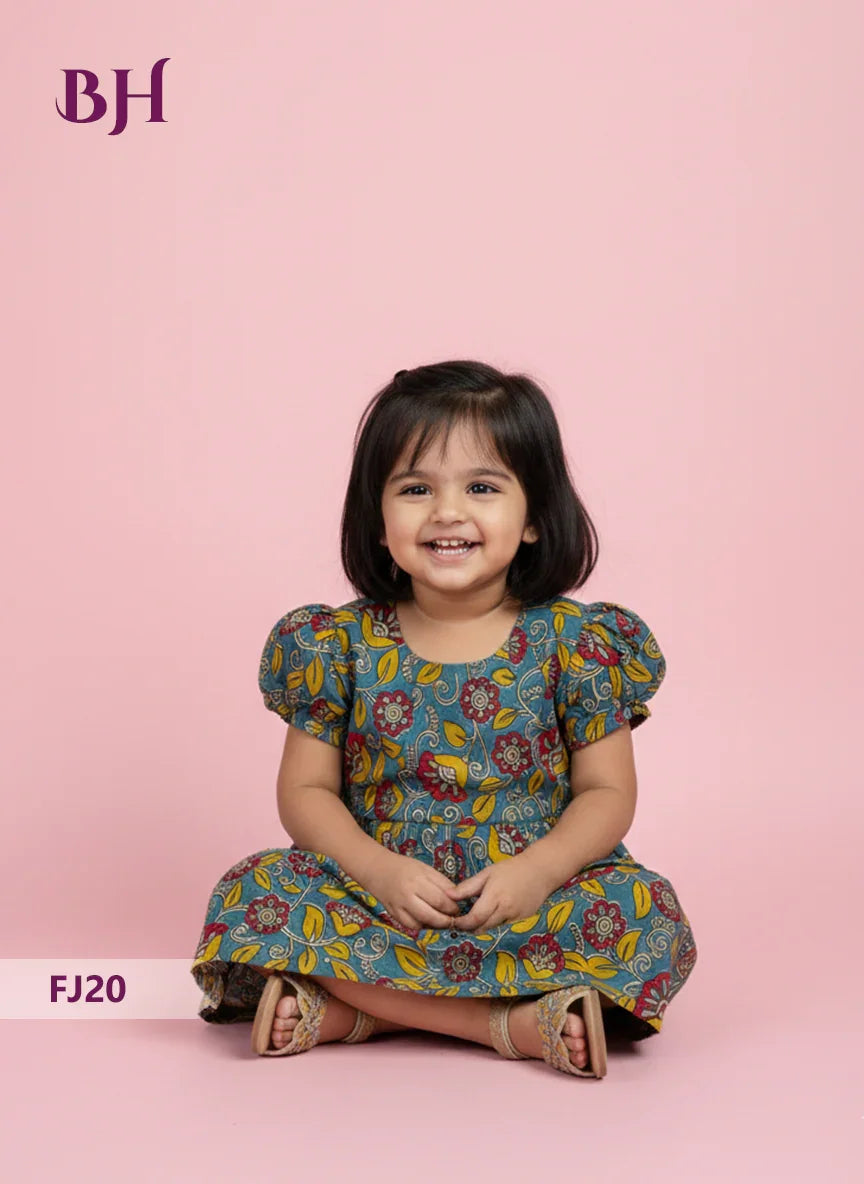 Sea Blue Cotton Printed Baby Frocks – Latest Kids Wear Collection | Bhavana Handlooms