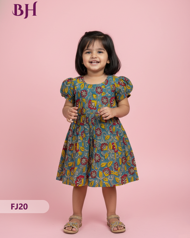 Sea Blue Cotton Printed Baby Frocks – Latest Kids Wear Collection | Bhavana Handlooms