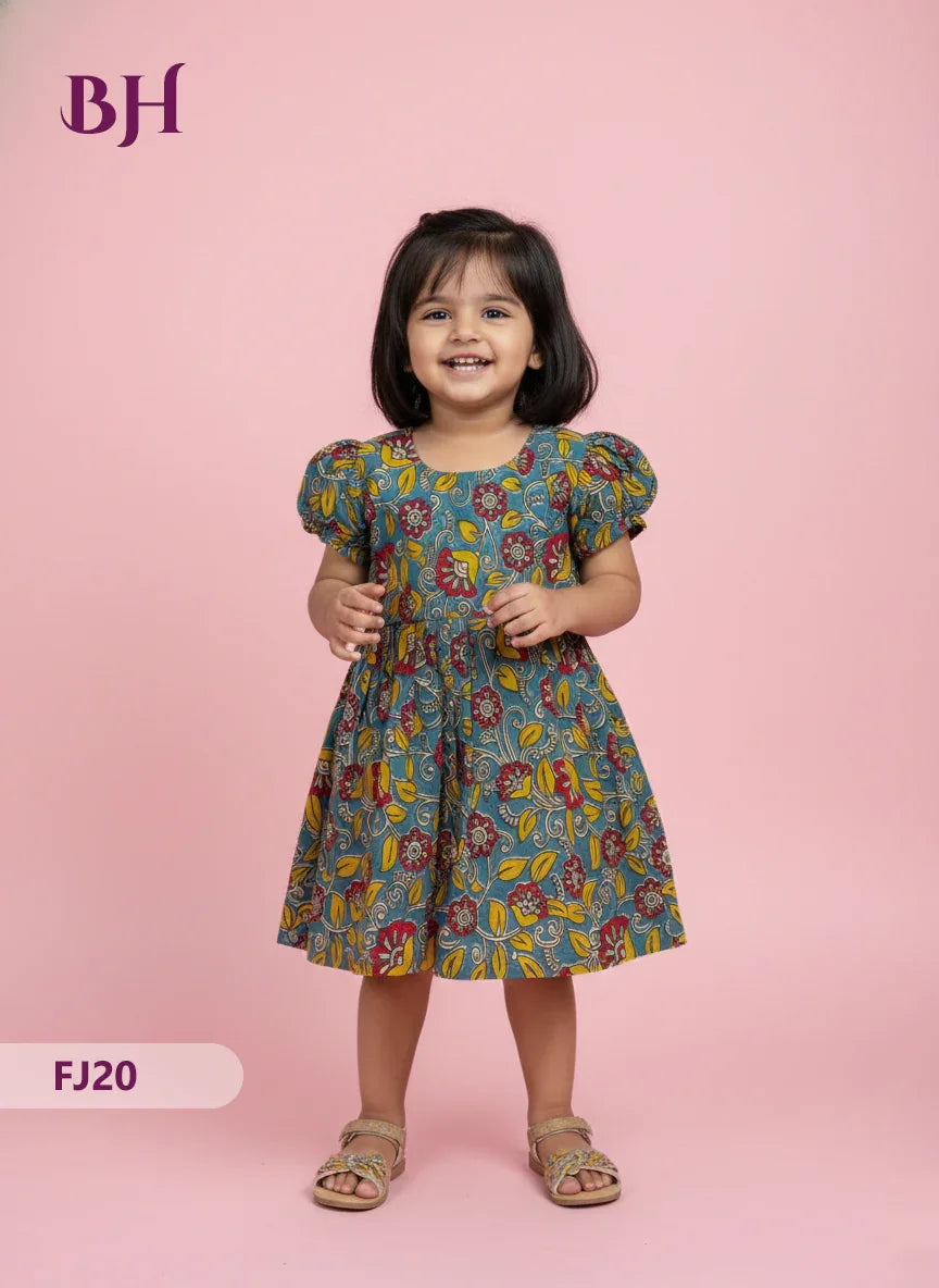 Sea Blue Cotton Printed Baby Frocks – Latest Kids Wear Collection | Bhavana Handlooms