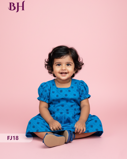 Blue Cotton Printed Baby Frocks – Latest Kids Wear Collection | Bhavana Handlooms
