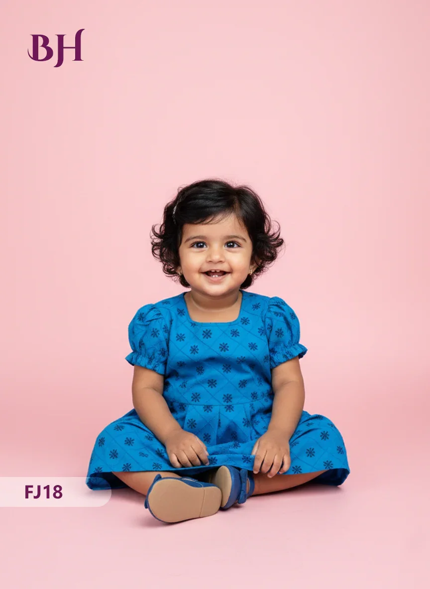 Blue Cotton Printed Baby Frocks – Latest Kids Wear Collection | Bhavana Handlooms