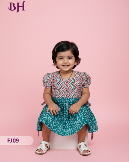 Sea Green Cotton Printed Baby Frocks – Latest Kids Wear Collection | Bhavana Handlooms