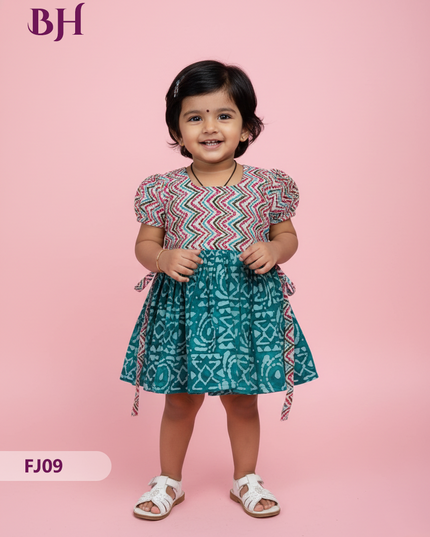 Sea Green Cotton Printed Baby Frocks – Latest Kids Wear Collection | Bhavana Handlooms