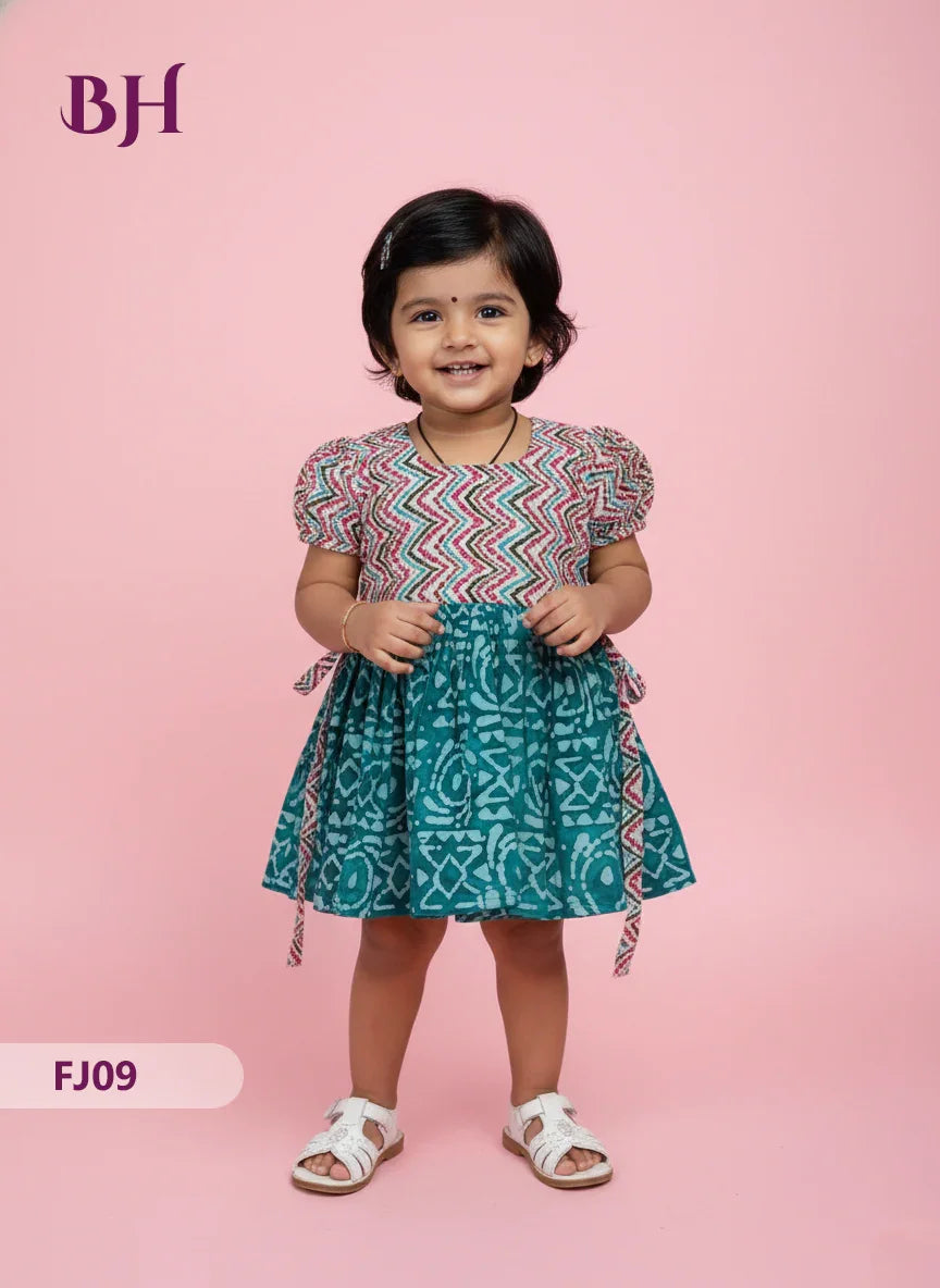 Sea Green Cotton Printed Baby Frocks – Latest Kids Wear Collection | Bhavana Handlooms