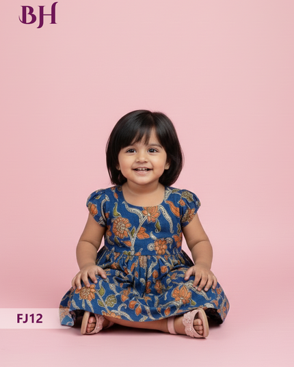 Blue Cotton Printed Baby Frocks – Latest Kids Wear Collection | Bhavana Handlooms
