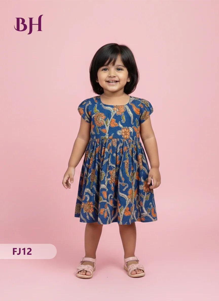 Blue Cotton Printed Baby Frocks – Latest Kids Wear Collection | Bhavana Handlooms