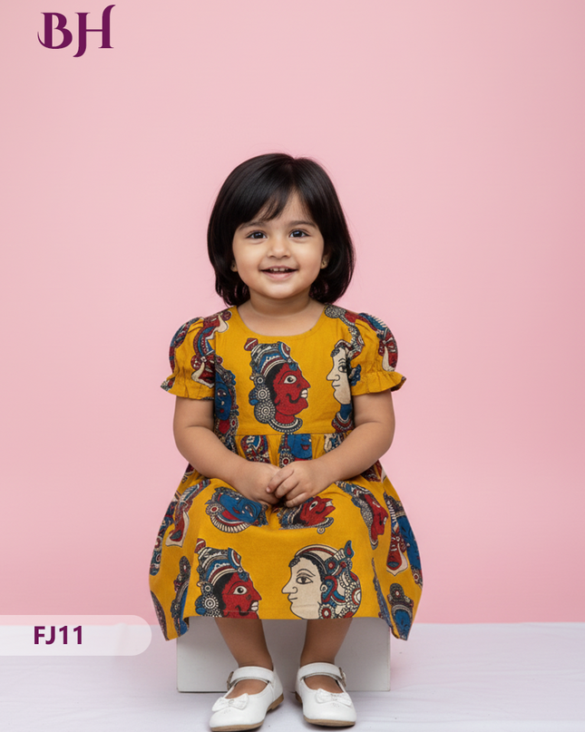 Yellow Cotton Printed Baby Frocks – Latest Kids Wear Collection | Bhavana Handlooms