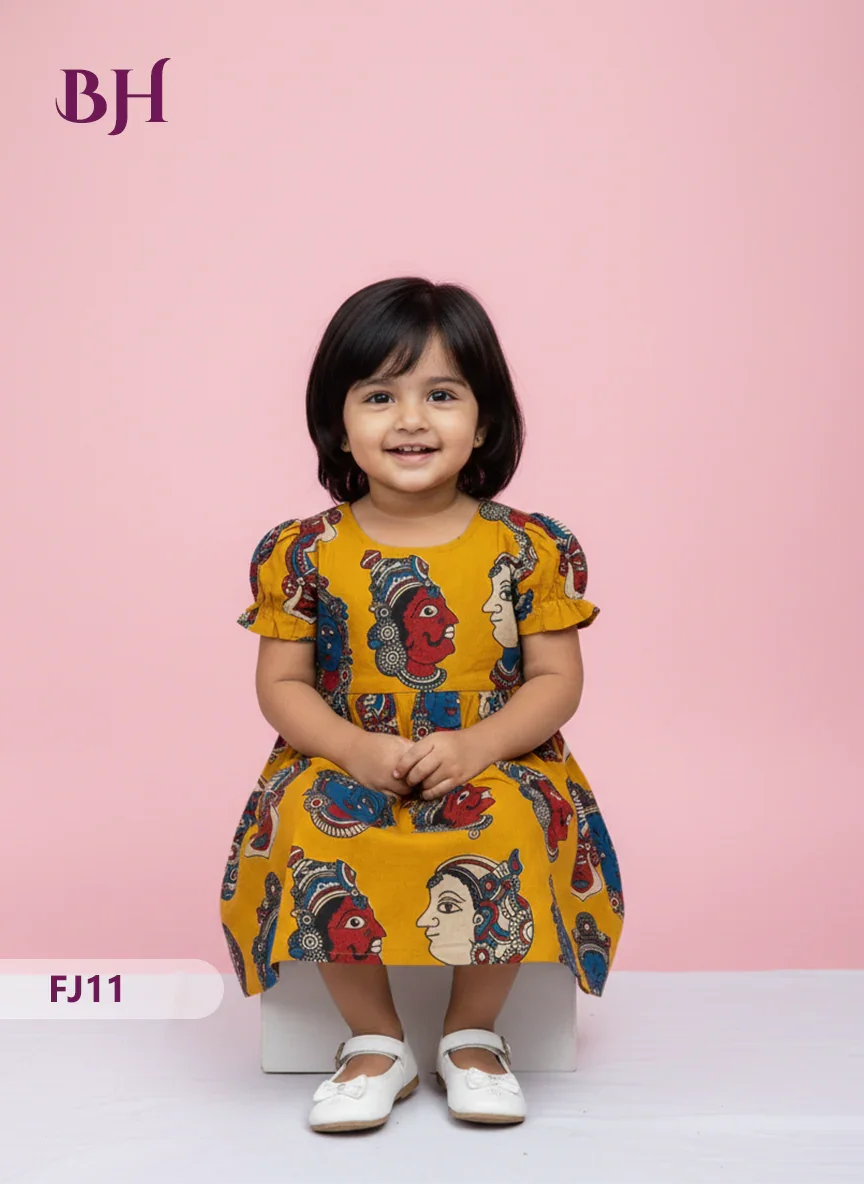 Yellow Cotton Printed Baby Frocks – Latest Kids Wear Collection | Bhavana Handlooms
