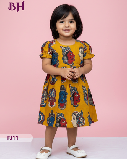 Yellow Cotton Printed Baby Frocks – Latest Kids Wear Collection | Bhavana Handlooms
