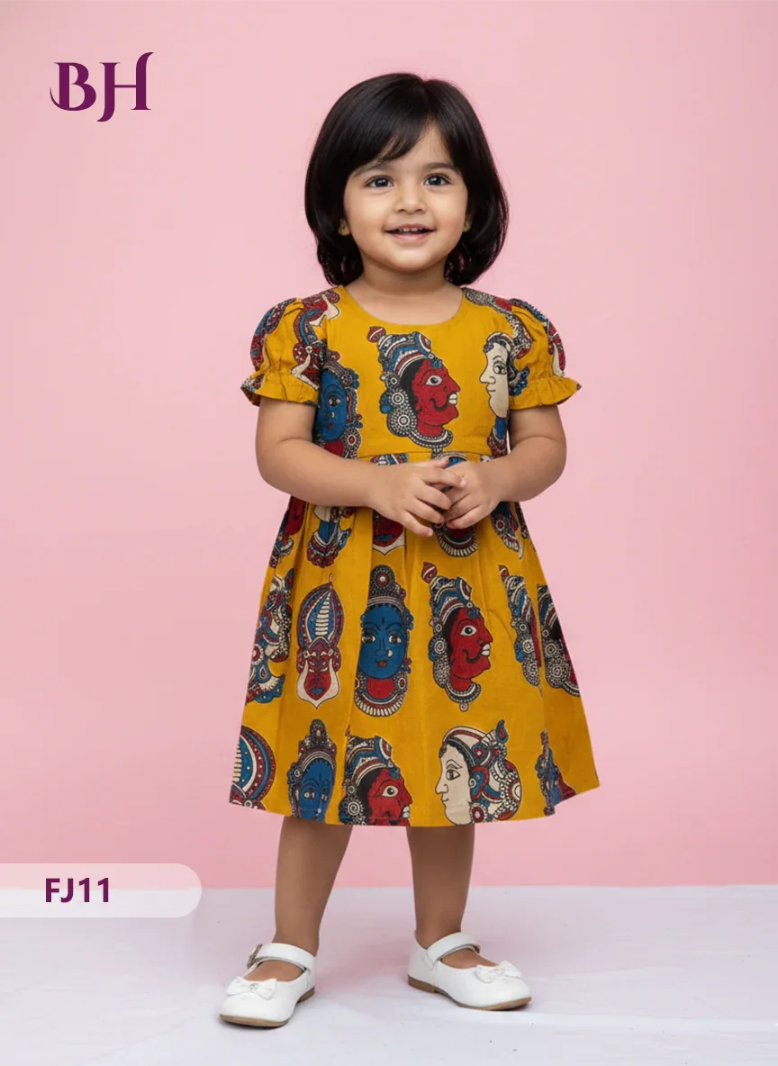 Yellow Cotton Printed Baby Frocks – Latest Kids Wear Collection | Bhavana Handlooms