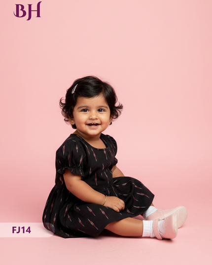 Black Color Cotton Printed Baby Frocks – Latest Kids Wear Collection | Bhavana Handlooms