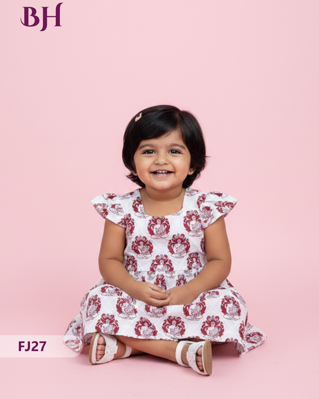 White Color Cotton Printed Baby Frocks – Latest Kids Wear Collection | Bhavana Handlooms