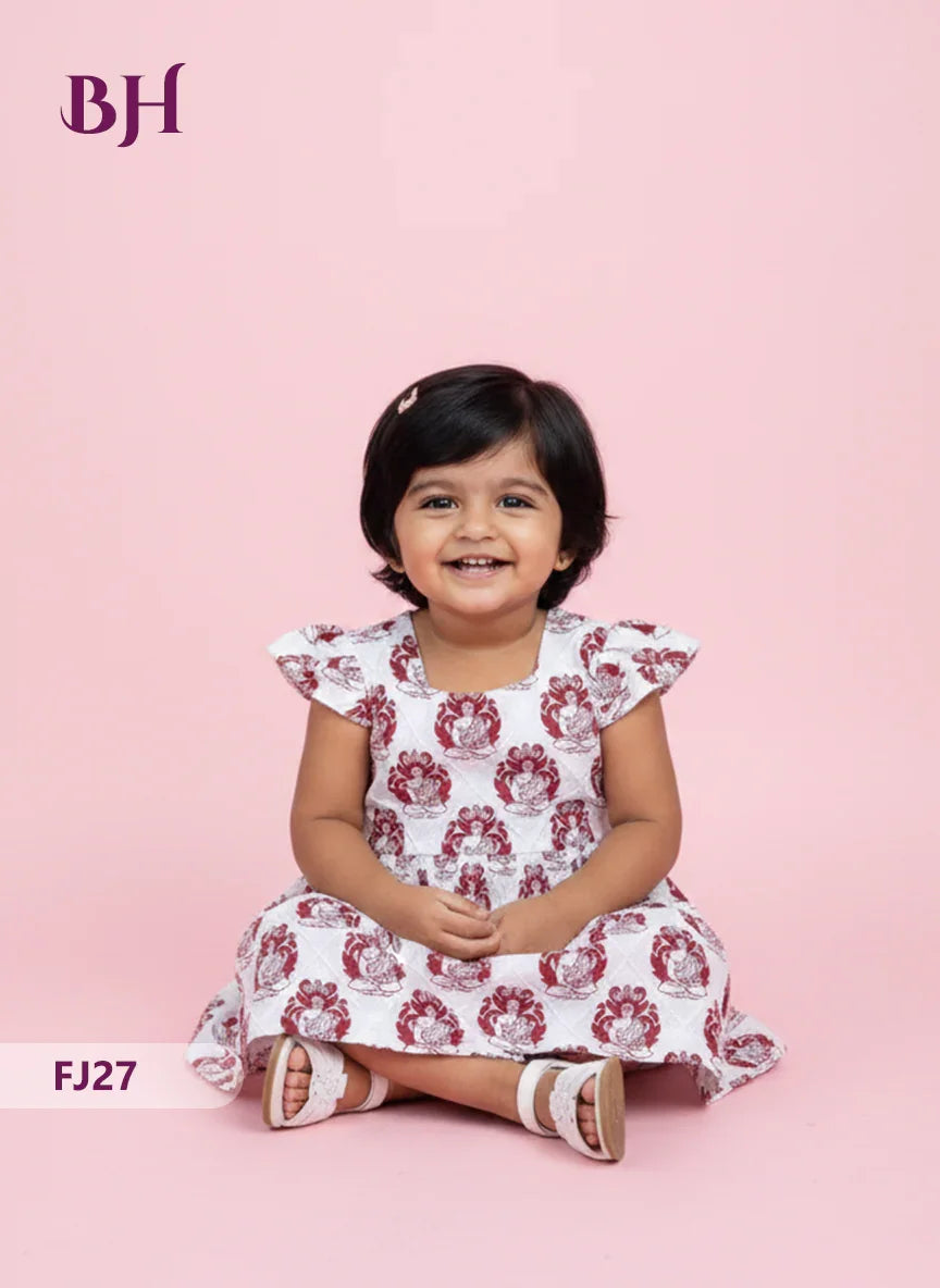 White Color Cotton Printed Baby Frocks – Latest Kids Wear Collection | Bhavana Handlooms