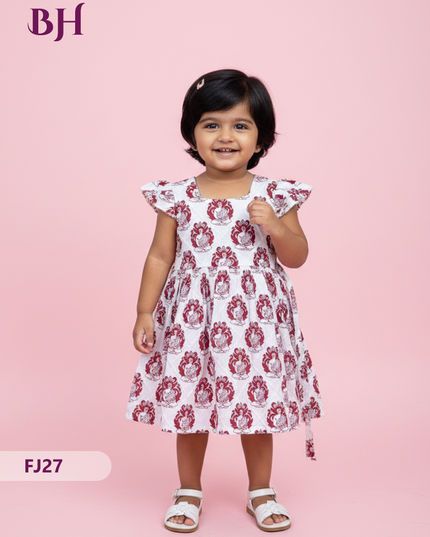 White Color Cotton Printed Baby Frocks – Latest Kids Wear Collection | Bhavana Handlooms