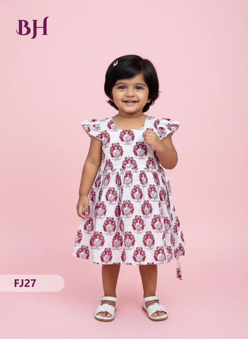 White Color Cotton Printed Baby Frocks – Latest Kids Wear Collection | Bhavana Handlooms
