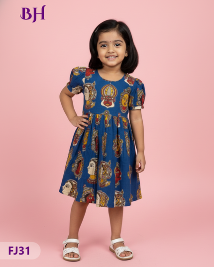 Blue Cotton Printed Baby Frocks – Latest Kids Wear Collection | Bhavana Handlooms