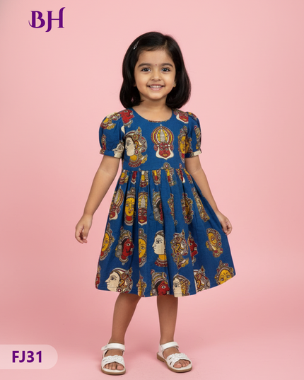 Blue Cotton Printed Baby Frocks – Latest Kids Wear Collection | Bhavana Handlooms