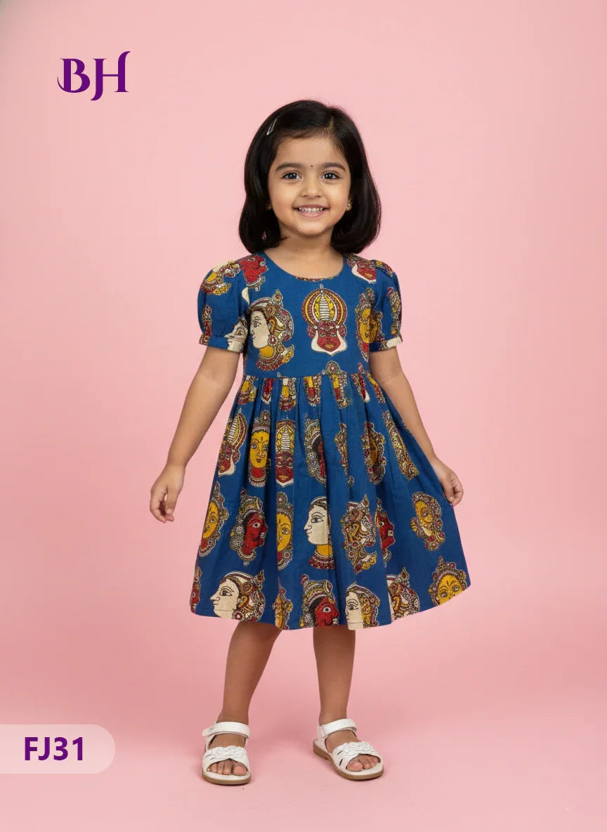 Blue Cotton Printed Baby Frocks – Latest Kids Wear Collection | Bhavana Handlooms