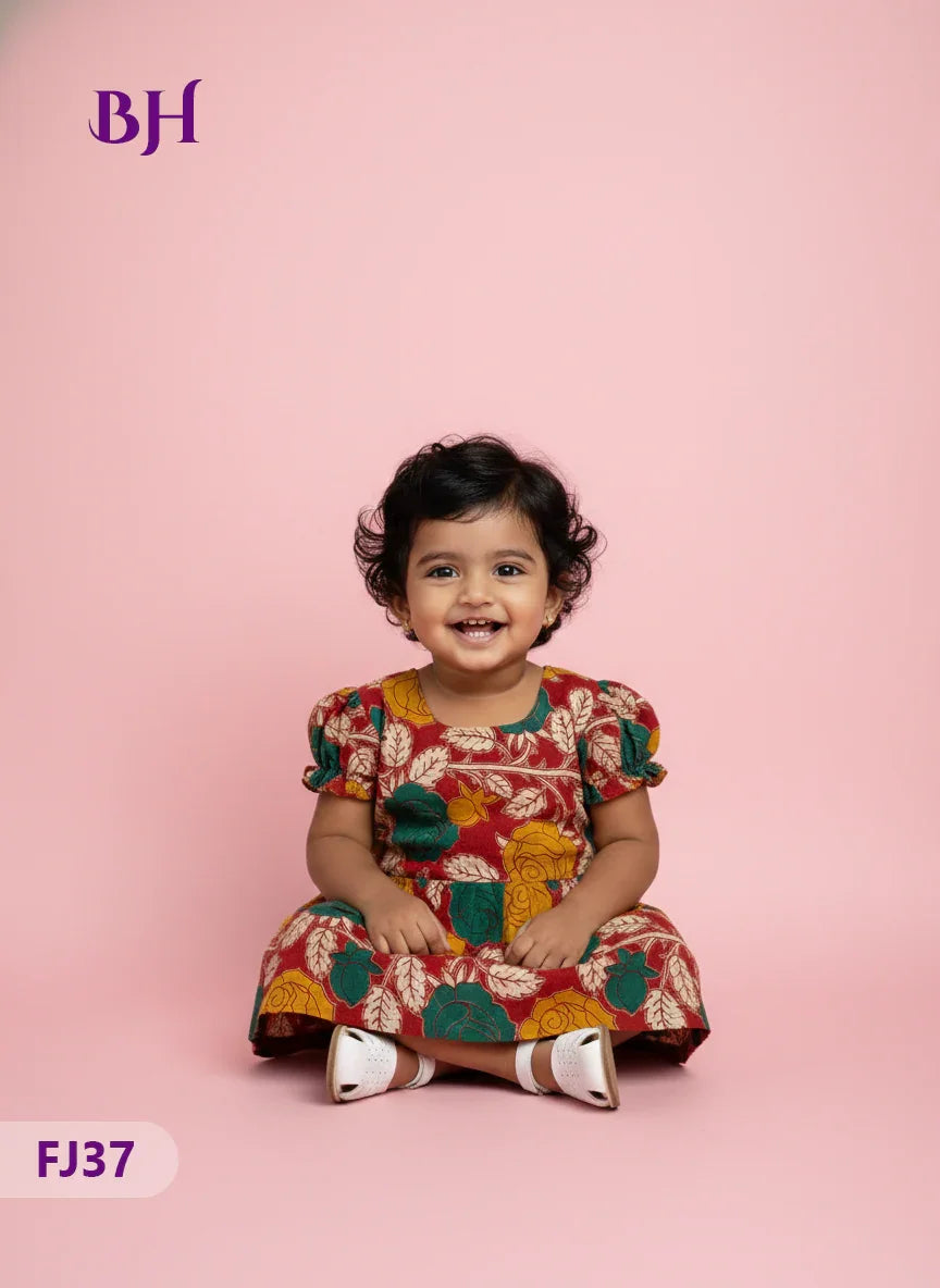 Red Cotton Printed Baby Frocks – Latest Kids Wear Collection | Bhavana Handlooms