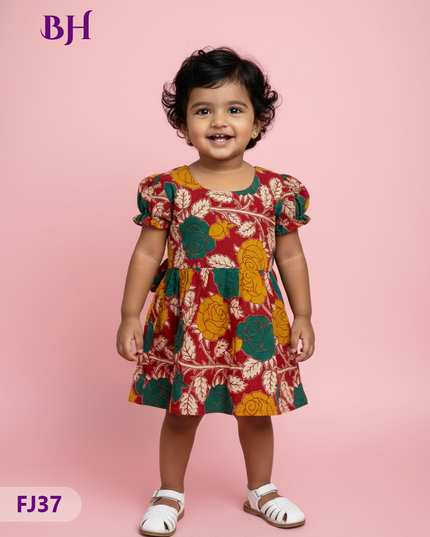 Red Cotton Printed Baby Frocks – Latest Kids Wear Collection | Bhavana Handlooms