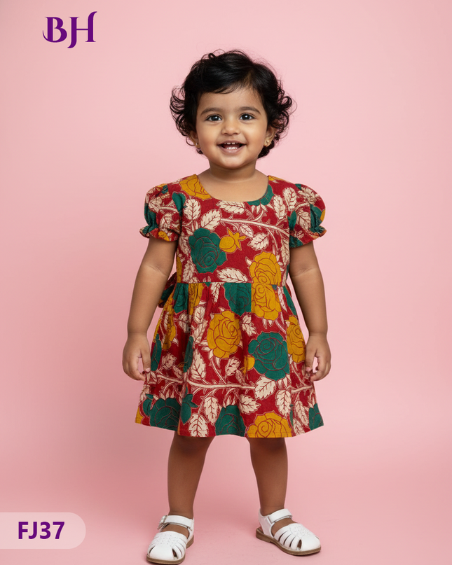 Red Cotton Printed Baby Frocks – Latest Kids Wear Collection | Bhavana Handlooms