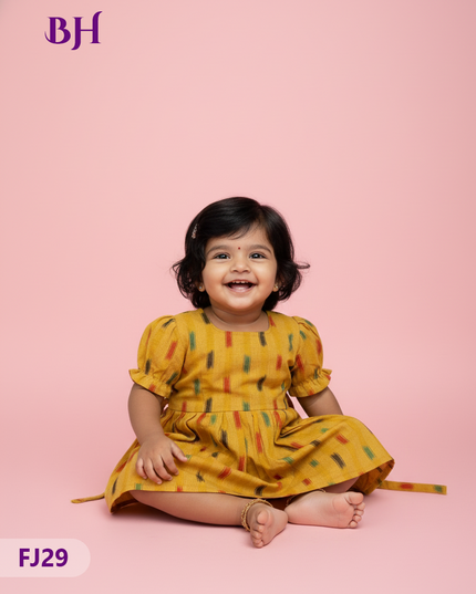 Yellow Cotton Printed Baby Frocks – Latest Kids Wear Collection | Bhavana Handlooms