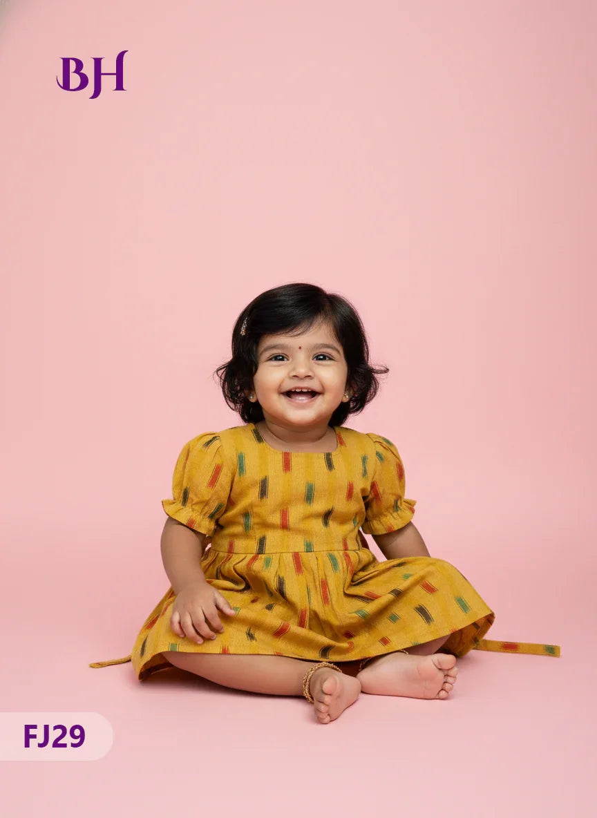 Yellow Cotton Printed Baby Frocks – Latest Kids Wear Collection | Bhavana Handlooms