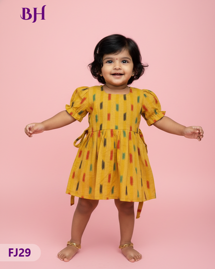 Yellow Cotton Printed Baby Frocks – Latest Kids Wear Collection | Bhavana Handlooms