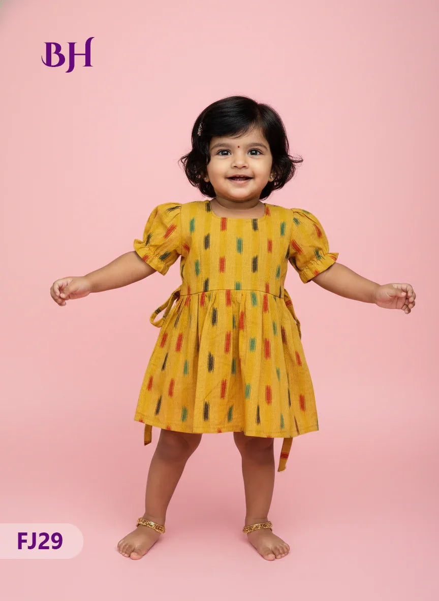 Yellow Cotton Printed Baby Frocks – Latest Kids Wear Collection | Bhavana Handlooms