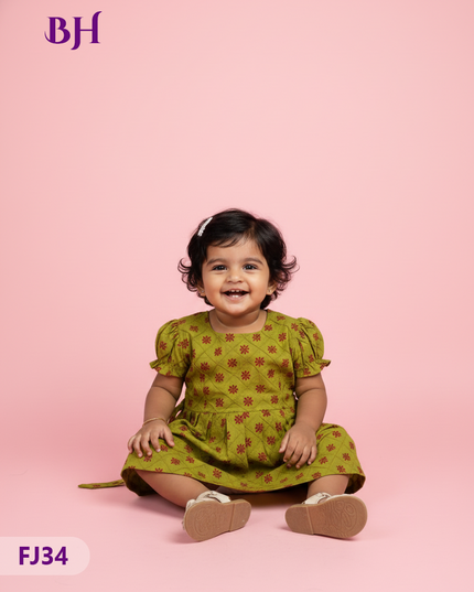 Green Cotton Printed Baby Frocks – Latest Kids Wear Collection | Bhavana Handlooms