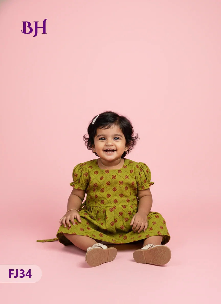 Green Cotton Printed Baby Frocks – Latest Kids Wear Collection | Bhavana Handlooms
